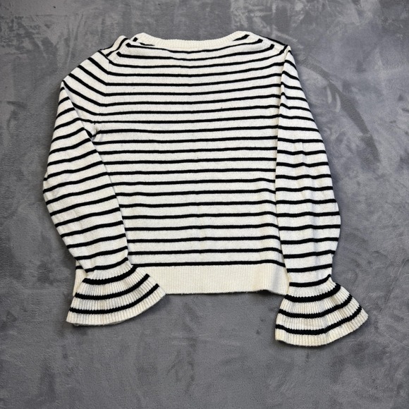 J Crew Sweater Womens Medium White Black Striped Wool Blend Bell Sleeve Pullover - Picture 6 of 11